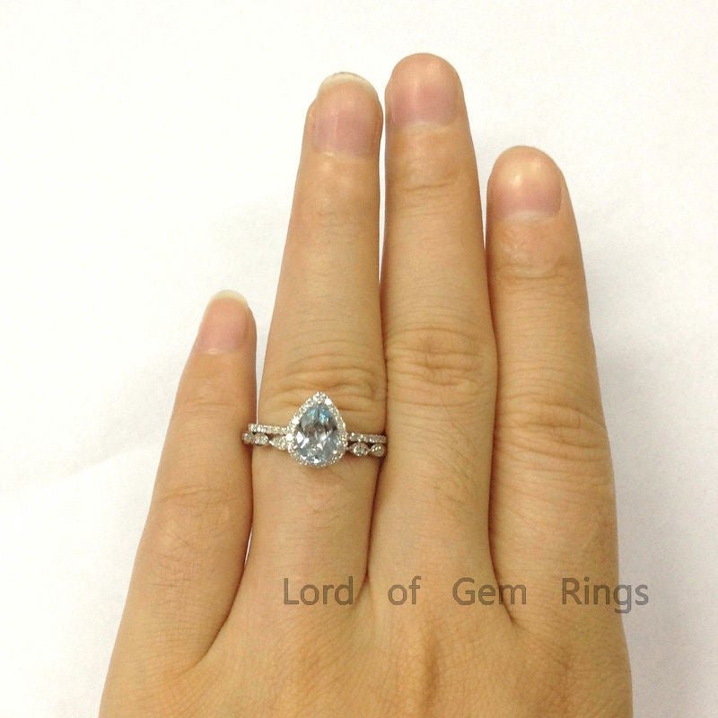 Pear Aquamarine Diamond Marquise Bridal Set in 14K White Gold - Lord of Gem Rings