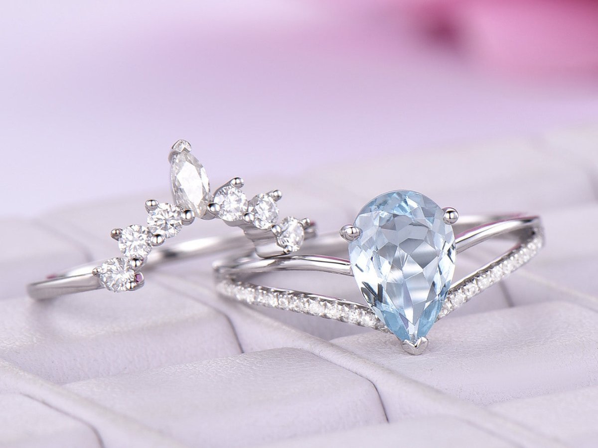 Pear Aquamarine Diamond Tiara Moissanite Bridal Set 14K White Gold - Lord of Gem Rings