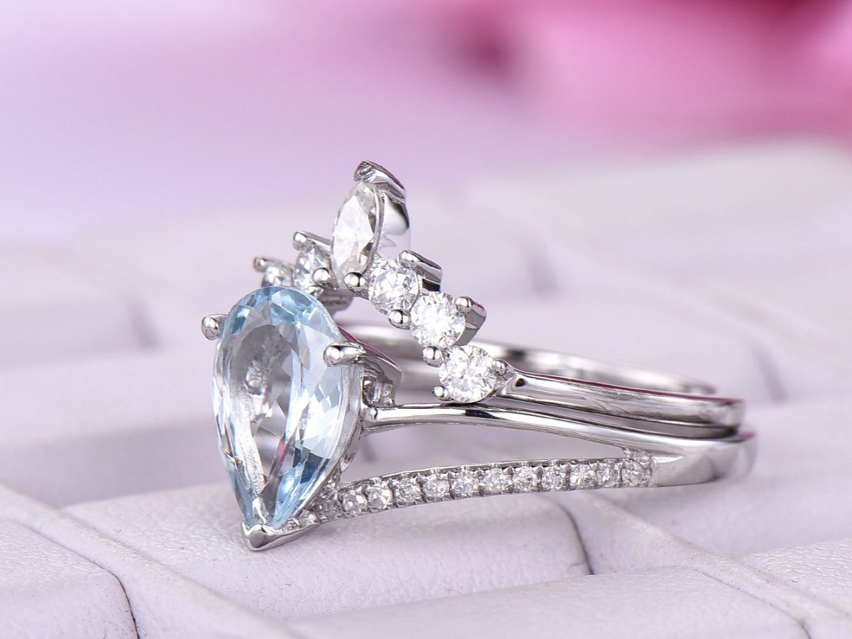Pear Aquamarine Diamond Tiara Moissanite Bridal Set 14K White Gold - Lord of Gem Rings