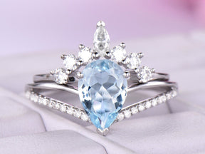 Pear Aquamarine Diamond Tiara Moissanite Bridal Set 14K White Gold - Lord of Gem Rings