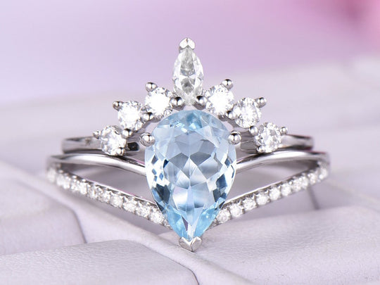 Pear Aquamarine Diamond Tiara Moissanite Bridal Set 14K White Gold
