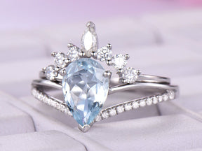 Pear Aquamarine Diamond Tiara Moissanite Bridal Set 14K White Gold - Lord of Gem Rings