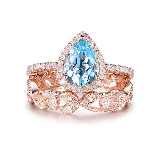 Pear Aquamarine Floral Diamond Bridal Set 14K Rose Gold