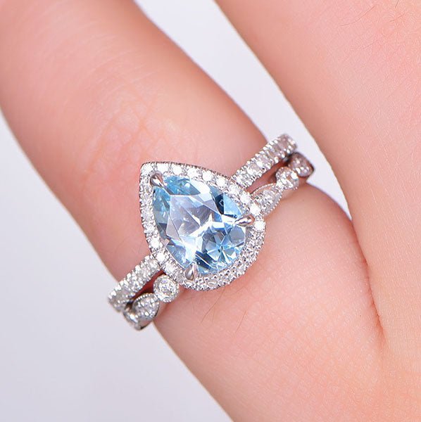 Pear Aquamarine Ring Diamond Art Deco Bridal Set in 14K White Gold - Lord of Gem Rings