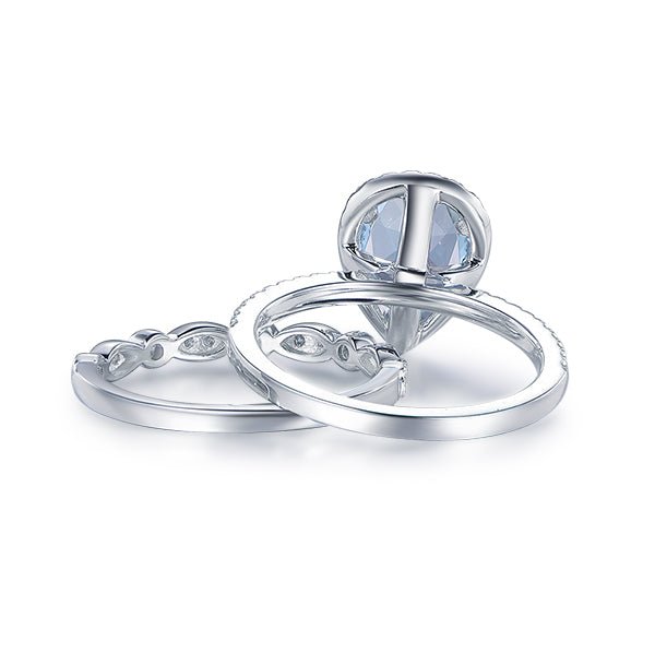 Pear Aquamarine Ring Diamond Art Deco Bridal Set in 14K White Gold - Lord of Gem Rings