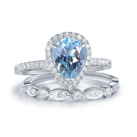 Pear Aquamarine Ring Diamond Art Deco Bridal Set in 14K White Gold