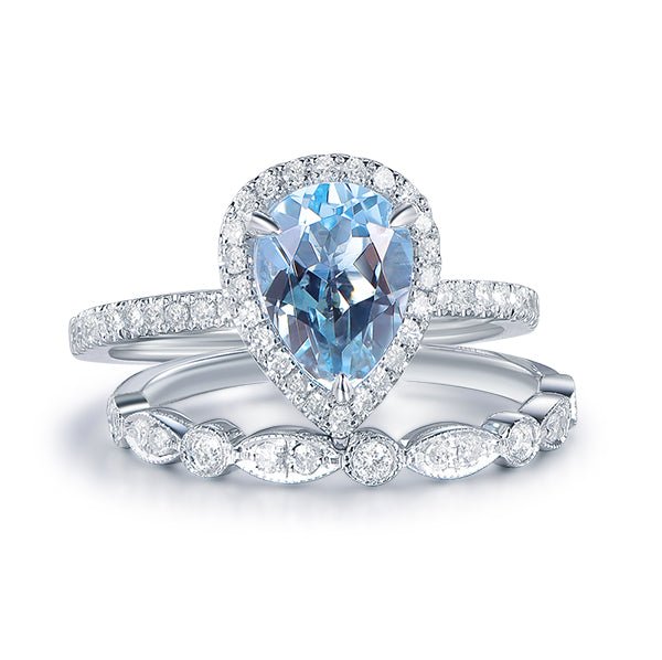 Pear Aquamarine Ring Diamond Art Deco Bridal Set in 14K White Gold - Lord of Gem Rings