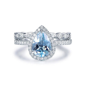 Pear Aquamarine Ring Diamond Art Deco Bridal Set in 14K White Gold - Lord of Gem Rings