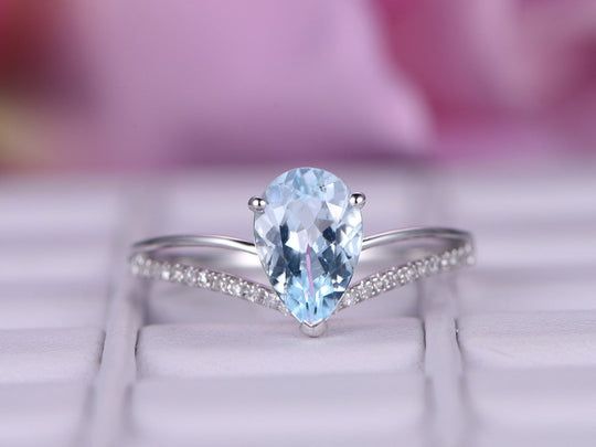 Pear Aquamarine Tear Drop Ring with Diamond Accents 14K White Gold