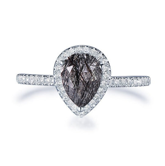 Pear Black Rutilated Quartz Diamond Halo Engagement Ring 14K White Gold