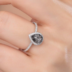 Pear Black Rutilated Quartz Diamond Halo Engagement Ring 14K White Gold - Lord of Gem Rings