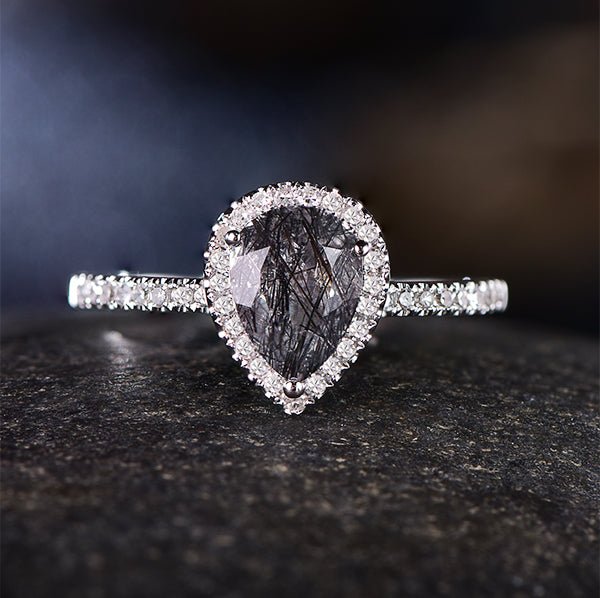 Pear Black Rutilated Quartz Diamond Halo Engagement Ring 14K White Gold - Lord of Gem Rings