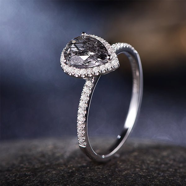 Pear Black Rutilated Quartz Diamond Halo Engagement Ring 14K White Gol
