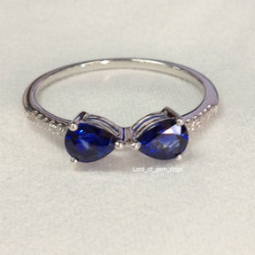 Pear Blue Sapphire Diamond Tie Bow Ring 14K White Gold - Lord of Gem Rings