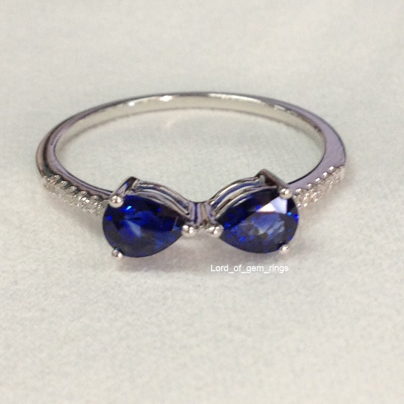 Pear Blue Sapphire Diamond Tie Bow Ring 14K White Gold - Lord of Gem Rings