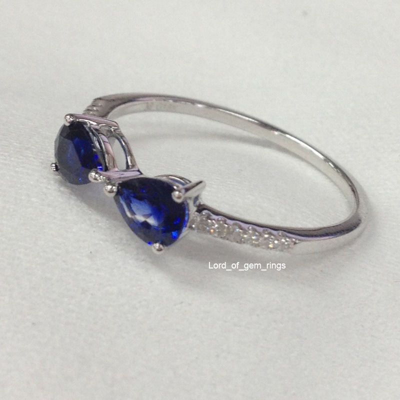 Pear Blue Sapphire Diamond Tie Bow Ring 14K White Gold - Lord of Gem Rings