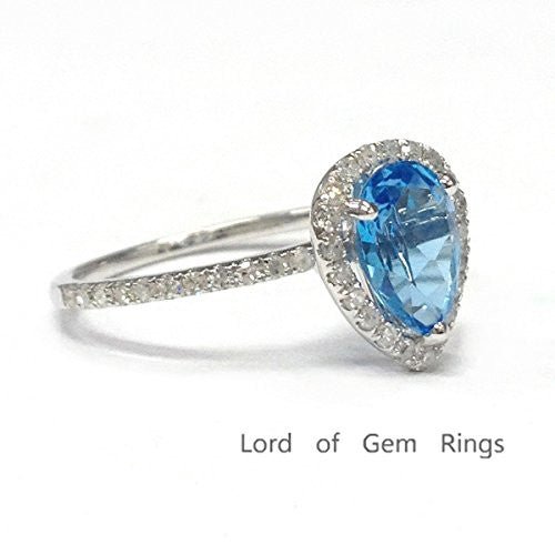 Pear Blue Topaz Diamond Halo Engagement Ring 14K White Gold