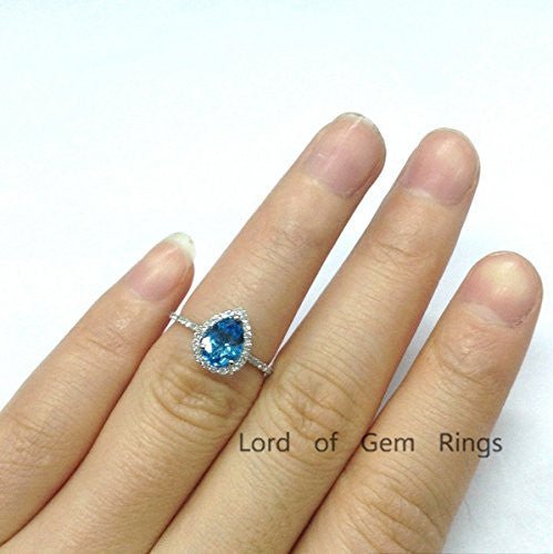 Pear Blue Topaz Diamond Halo Engagement Ring 14K White Gold - Lord of Gem Rings