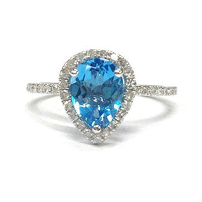 Pear Blue Topaz Diamond Halo Engagement Ring 14K White Gold - Lord of Gem Rings