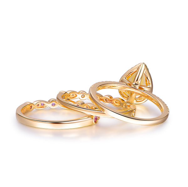 Pear Citrine Diamond Amethyst Art Deco Trio Bridal Set 14K Gold - Lord of Gem Rings