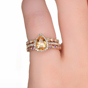 Pear Citrine Diamond Amethyst Art Deco Trio Bridal Set 14K Gold - Lord of Gem Rings