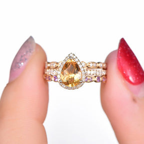 Pear Citrine Diamond Amethyst Art Deco Trio Bridal Set 14K Gold - Lord of Gem Rings