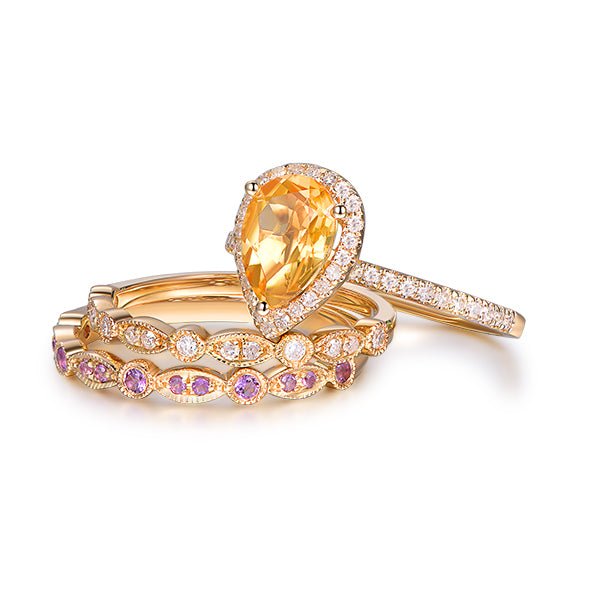 Pear Citrine Diamond Amethyst Art Deco Trio Bridal Set 14K Gold - Lord of Gem Rings