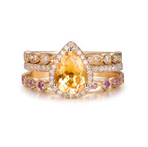 Pear Citrine Diamond Amethyst Art Deco Trio Bridal Set 14K Gold - Lord of Gem Rings