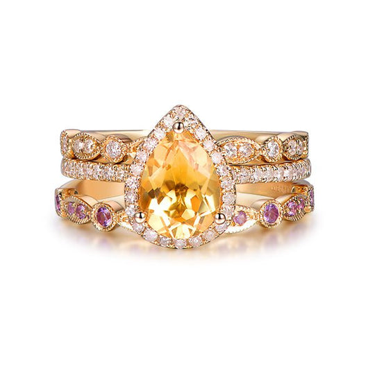 Pear Citrine Diamond Amethyst Art Deco Trio Bridal Set 14K Gold