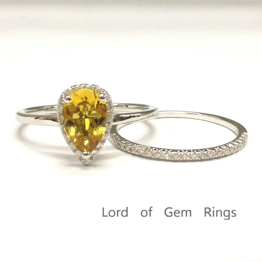 Pear Citrine Diamond Bridal Set 14K White Gold