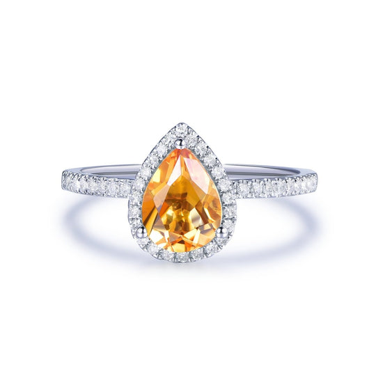 Pear Citrine Diamond Halo Engagement Ring 14K Gold
