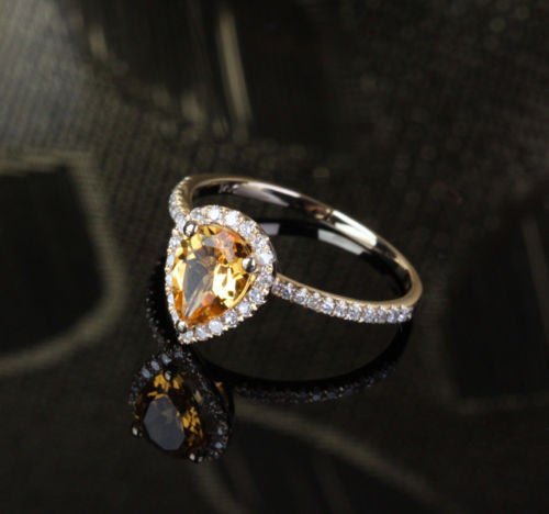 Pear Citrine Diamond Halo Engagement Ring 14k Yellow Gold - Lord of Gem Rings