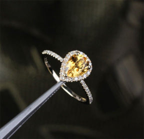 Pear Citrine Diamond Halo Engagement Ring 14k Yellow Gold - Lord of Gem Rings