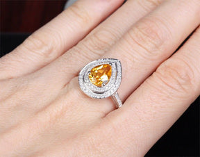 Pear Citrine Double Diamond Halo Engagement Ring - Lord of Gem Rings