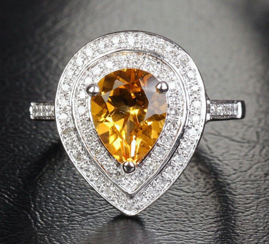 Pear Citrine Double Diamond Halo Engagement Ring