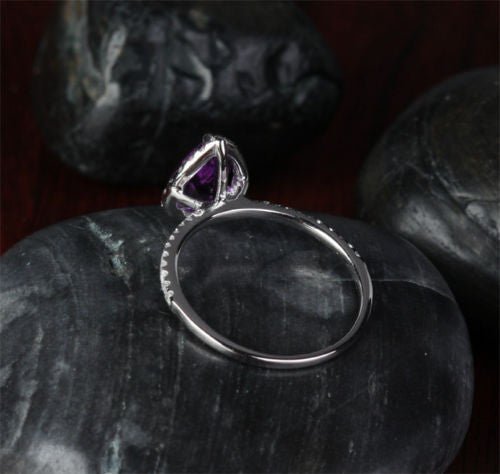 Pear Dark Purple Amethyst Diamond Halo Ring 14k White Gold - Lord of Gem Rings
