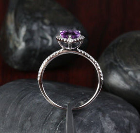 Pear Dark Purple Amethyst Diamond Halo Ring 14k White Gold - Lord of Gem Rings