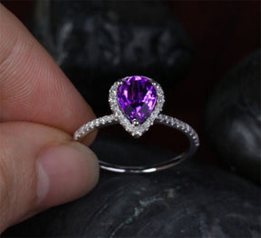 Pear Dark Purple Amethyst Diamond Halo Ring 14k White Gold - Lord of Gem Rings