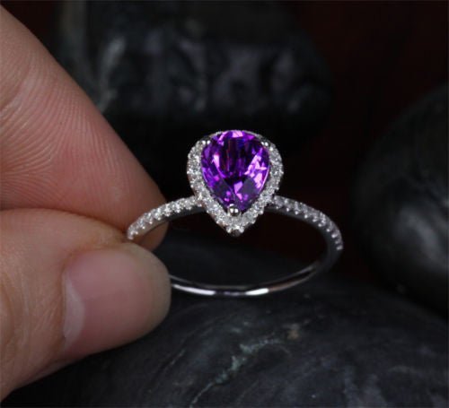Pear Dark Purple Amethyst Diamond Halo Ring 14k White Gold - Lord of Gem Rings