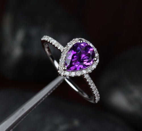 Pear Dark Purple Amethyst Diamond Halo Ring 14k White Gold - Lord of Gem Rings