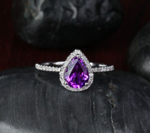 Custom Pear Dark Purple Amethyst Diamond Halo Ring 14k Rose Gold
