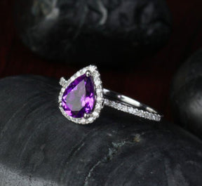Pear Dark Purple Amethyst Diamond Halo Ring 14k White Gold - Lord of Gem Rings