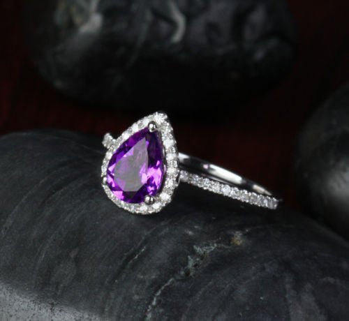 Pear Dark Purple Amethyst Diamond Halo Ring 14k White Gold - Lord of Gem Rings