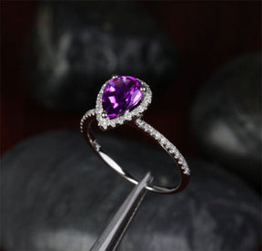 Pear Dark Purple Amethyst Diamond Halo Ring 14k White Gold - Lord of Gem Rings