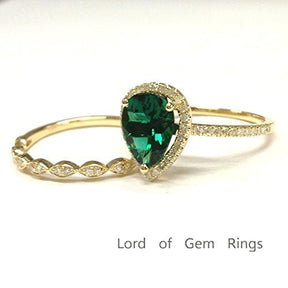Pear Emerald Art Deco Diamond Band Bridal Set 14K Yellow Gold - Lord of Gem Rings