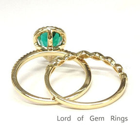 Pear Emerald Art Deco Diamond Band Bridal Set 14K Yellow Gold - Lord of Gem Rings