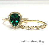 Pear Emerald Art Deco Diamond Band Bridal Set 14K Yellow Gold - Lord of Gem Rings