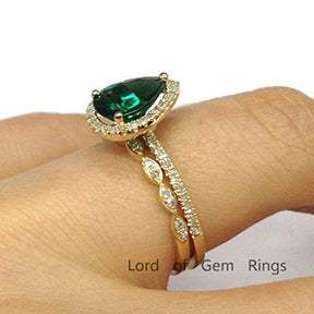 Pear Emerald Art Deco Diamond Band Bridal Set 14K Yellow Gold - Lord of Gem Rings