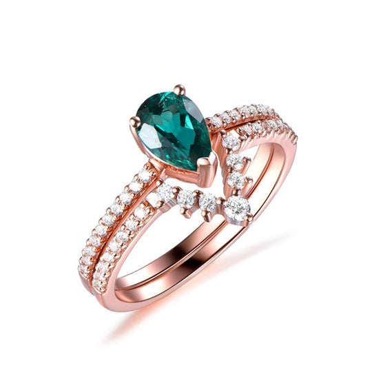 Pear Emerald Curved Diamond Wedding Bridal Set 14k Rose Gold