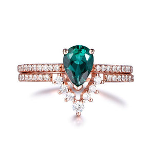 Pear Emerald Curved Diamond Wedding Bridal Set 14k Rose Gold - Lord of Gem Rings